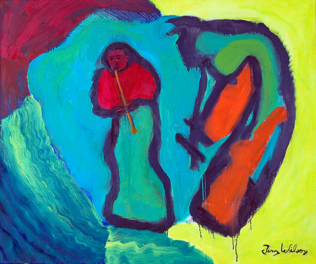 Tim Wilson, Matador and Bull Play Music Together, oil on panel, 16 x 20 inches