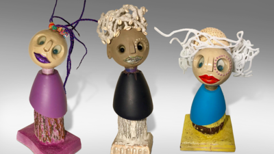 Titi de Baccarat, “Miriam, Winnie and Jacky”, Wood, bark, and plastic, 8 x 6 x 23 in., 4 x 5 x 19 in. and 6 x 9 x 17 in. respectively, Feminine expression