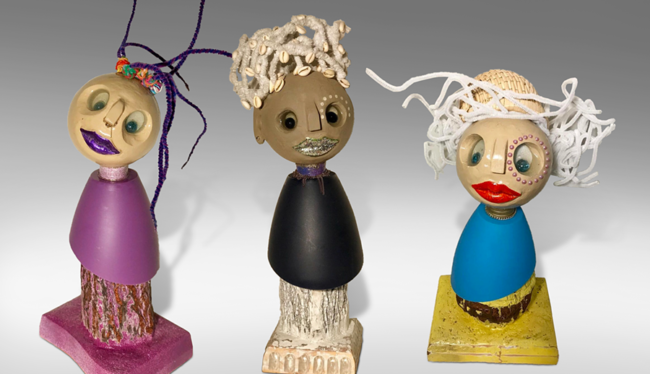 Titi de Baccarat, “Miriam, Winnie and Jacky”, Wood, bark, and plastic, 8 x 6 x 23 in., 4 x 5 x 19 in. and 6 x 9 x 17 in. respectively, Feminine expression