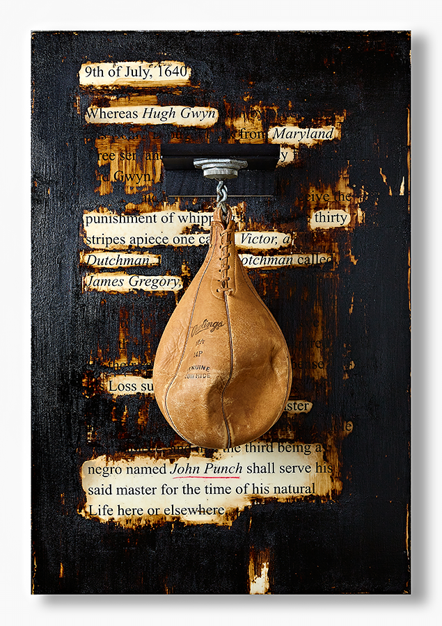 Masud A Olufani, “Punched”, Serigraph and pencil on paper, resin, tar, speed bag, 24 x 36 inches