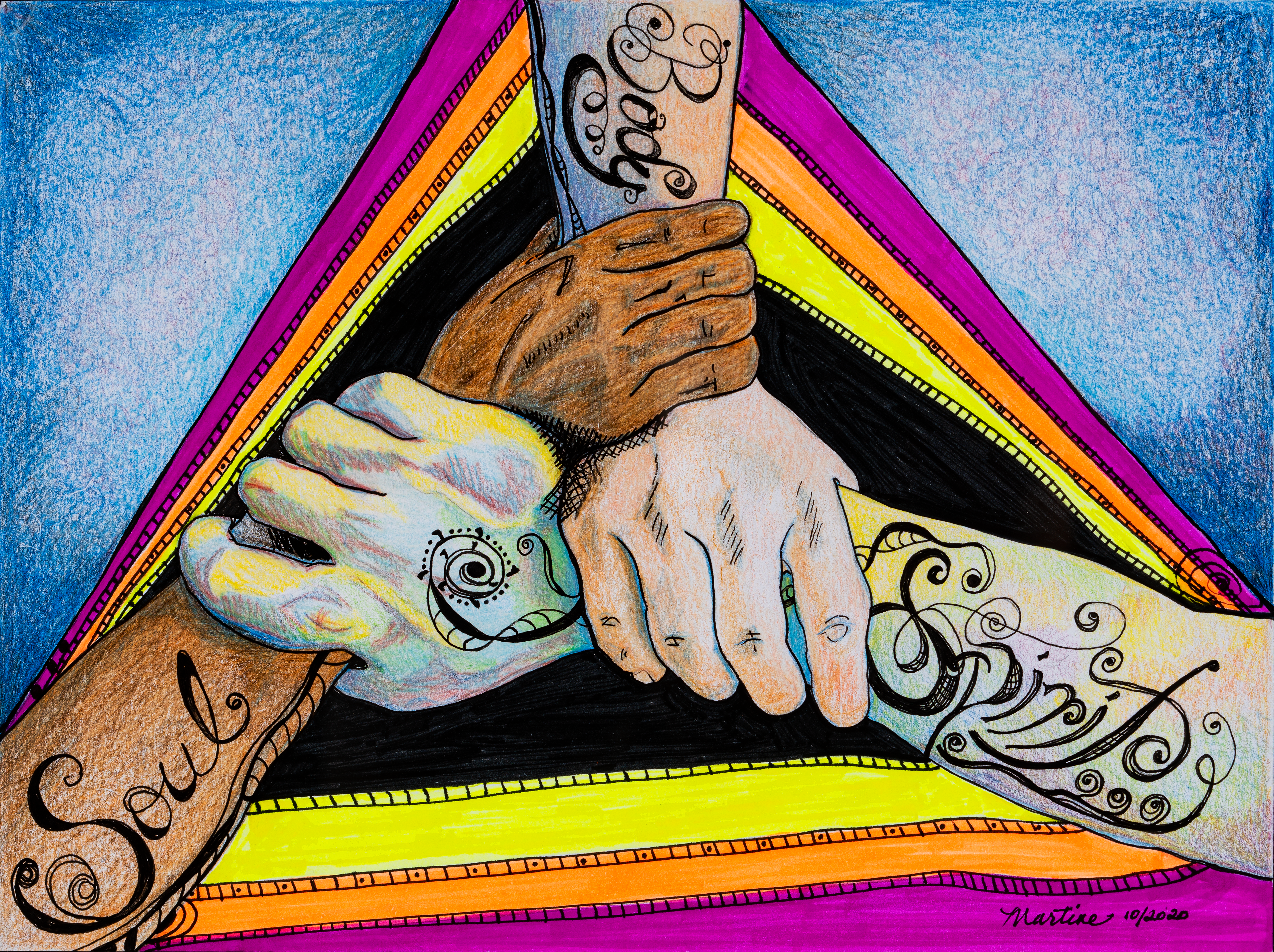 Martine Hubbard, “A Human Being: The Unity of Body, Soul and Spirit”, Colored pencil, markers, and ink, 9 x 12 inches