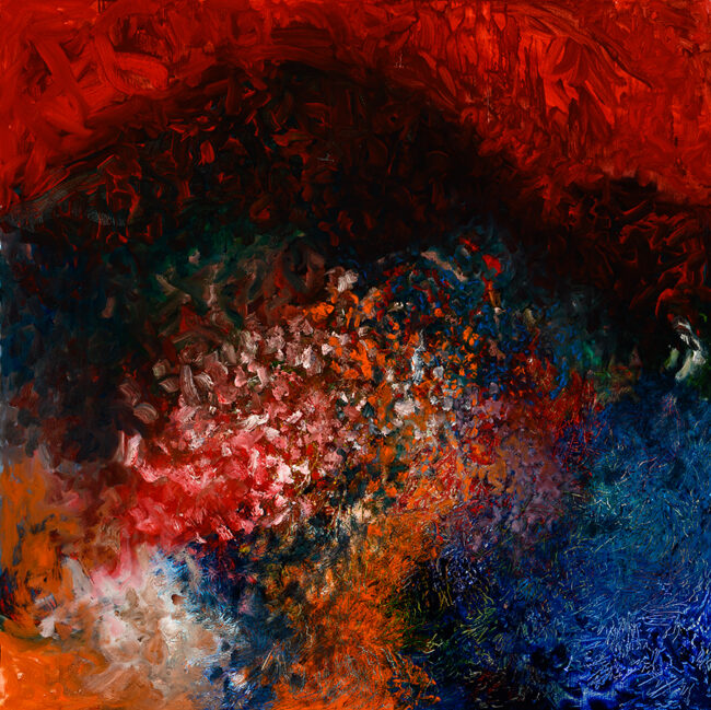 The Great Red Road, The Crimson Arc (Ark) for All My Relations, by Stephen Brandon, Oil paint on wood panel, 24 x 24 inches