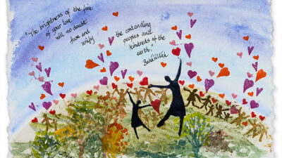 The Fire of Your Love, by Kristine Leonard Young, Watercolour, hand-cut stamps, pen and inks on handmade watercolour [India] with four deckled edges.