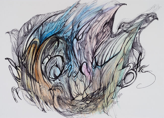 Lithe Flight, by Donna Denize, pen and ink, 14 x 17 inches