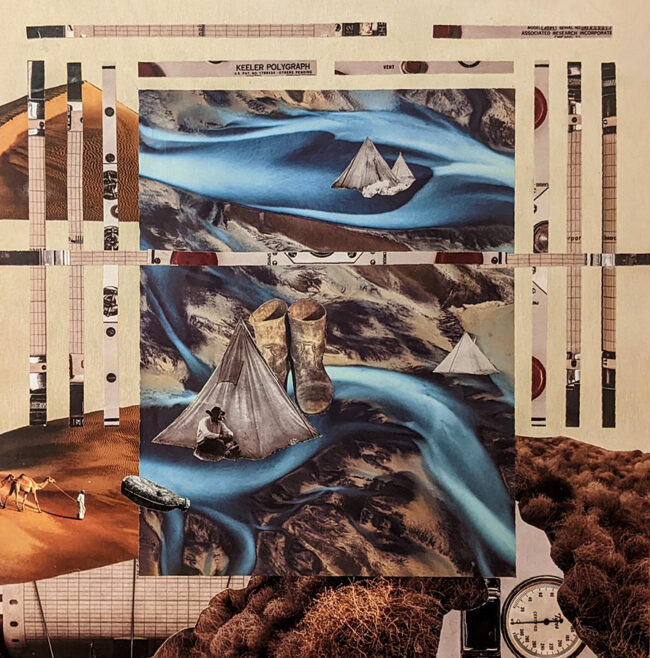 Clandestino, by Marie-Celeste Kennedy, Paper collage on wood canvas, 12 x 12 inches