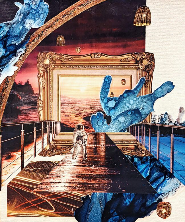 New Territory, by Marie-Celeste Kennedy, Paper collage on canvas, 10 x 12 inches