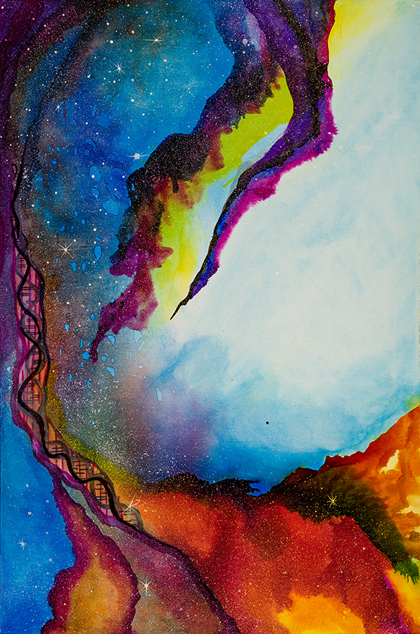 “A Speck of Floating Dust” by Inger Gregory, Alcohol inks on canvas, 24 x 36 inches