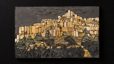 “City of Lights” by Enid Probst, mosaic, stone, glass, gold, 10 x 16.5 x 1 inch
