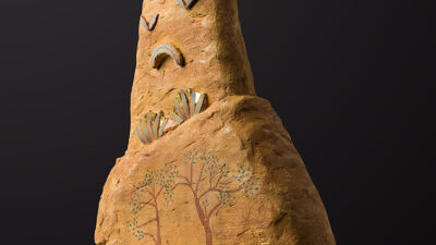 “Milestone” by Enid Probst, Sculpture, Pay Tiya, terra cotta, glass, gold, mineral, stone, 5 x 12 x 6 inches