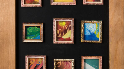 “On the Threshold of the Universe” by Susan Engle, Paper, foil, acrylic, 4.5 cm x 5.5 cm; 4.5 cm square; 4.2cm x 4.2 cm