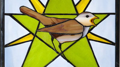 “The Nightingale Singeth” by V. Ann Clancy, Stained glass panel, 8 x 10 inches