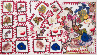 We Are All Flowers of One Garden Series: Map from Here to There by Dorrie Emmel, Medium/Media Used: Fabric, glue, marker, 30 x 17 inches