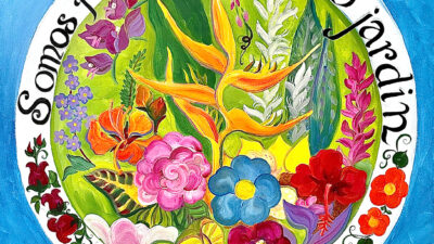 “Somos Flores del Mismo Jardin” We are All Flowers of One Garden by Elaine Phillips from Seeing Oneness, Cloth banner from Photograph of acrylic painting, 14 x 14 inches
