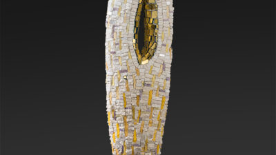 “The Greatest Holy Leaf” by Enid Probst, Marble, gold, glass, styrofoam, 19 x 4&frac12; x 2 inches