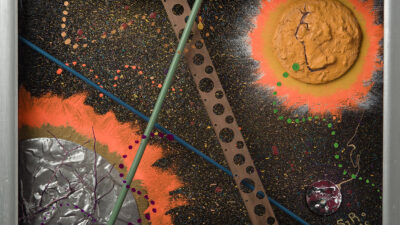 “More than one source of ENERGY” by Robert “Steve” Rohman from “One Shared Earth,” Plywood, compound, paint, 22 x 29 x 5 inches