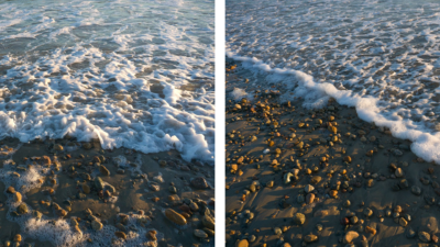 “Two moments while Walking the edge Between earth and ocean. Such light!” By Chris Page. Digital Photography, diptych 11 x 30 inches