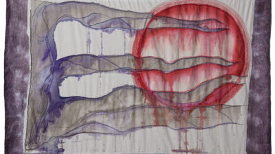 "Under the Same Sun” by Lauren Grace Williamson from “One Shared Earth,” Textile and ink, ~6 x 3&frac12; feet