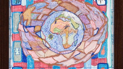 “Lattice of The Ages Part Two: An Egg in a Basket” by Katherine Bernadette Phillips, Watercolor paper, Ink and Paint Markers, 12 x 12 inches