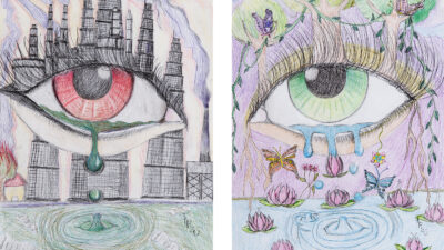 “Two Visions” by Tahirih Arzú Pantalone, Colored pencils on paper, two 18 x 24 inch pieces