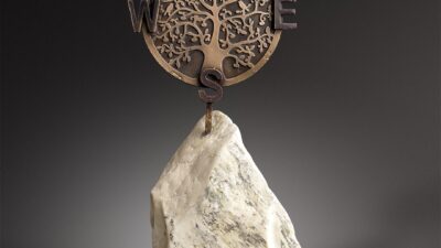 “The kingdoms of earth and heaven are Thine” by Eleanor Mitten from “One Shared Earth,” Marble, bronze, soapstone, ~ 22 inches high, 12 inches long