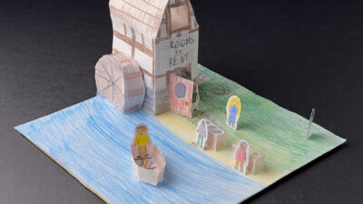 “Noble Community” by Enzo Featherstone Bird Blyth, Diorama in Colored Pencils, Paper & Tape on Cardboard, 8½ x 8½ inches, from Created Noble – Worthy by Design