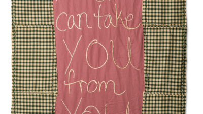 “Harweda” by Lauren Grace Williamson, Cotton, silk, burlap, hand sewing and embroidery, 36 x 70 inches, from Created Noble – Worthy by Design