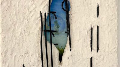 Agnieszka Palka, The Berlin Wall Did Not Fall From The Sky, Mixed Media including Celluclay, rebar stakes, and oil paint on canvas, 24 x 20 x 2 inches