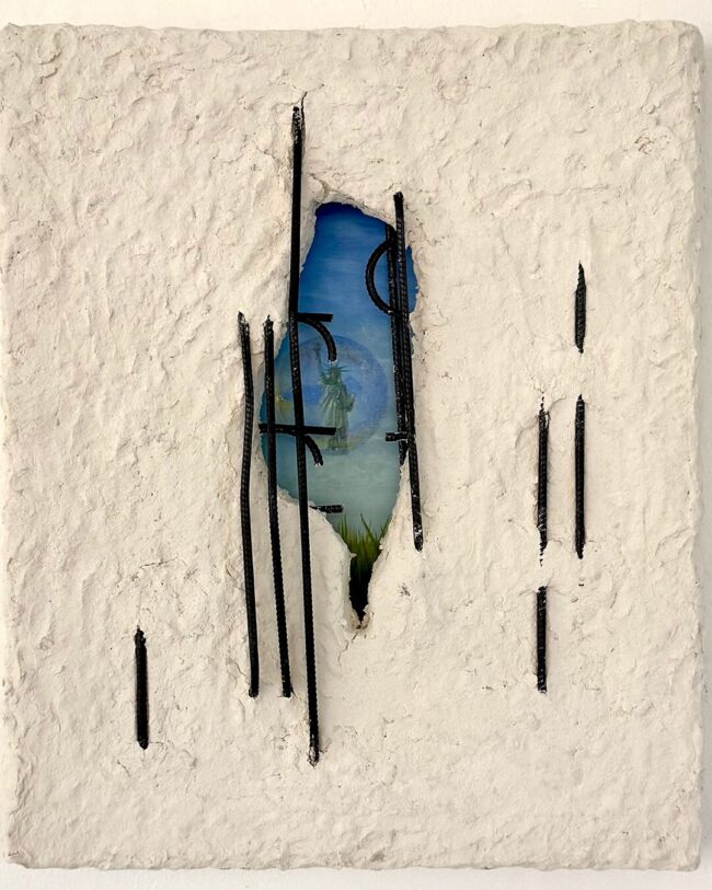 Agnieszka Palka, The Berlin Wall Did Not Fall From The Sky, Mixed Media including Celluclay, rebar stakes, and oil paint on canvas, 24 x 20 x 2 inches