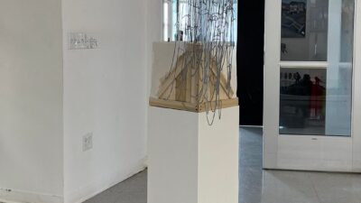 Agnieszka Palka, Human Cargo, Mixed Media including Celluclay, rebar stakes, cardboard, plywood, styrofoam, cotton fabric, yarn, acrylic paint on paper, 37 x 20 x 12 inches