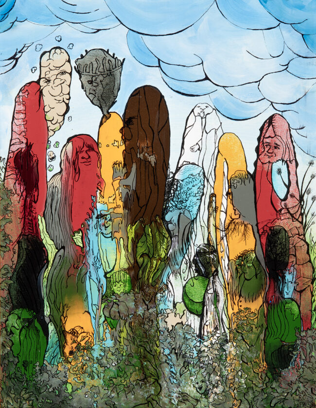 E. C. Phillips, Hidden Faces of Immigrants, Acrylic paint and gel pen ink, 17 x 21 inches