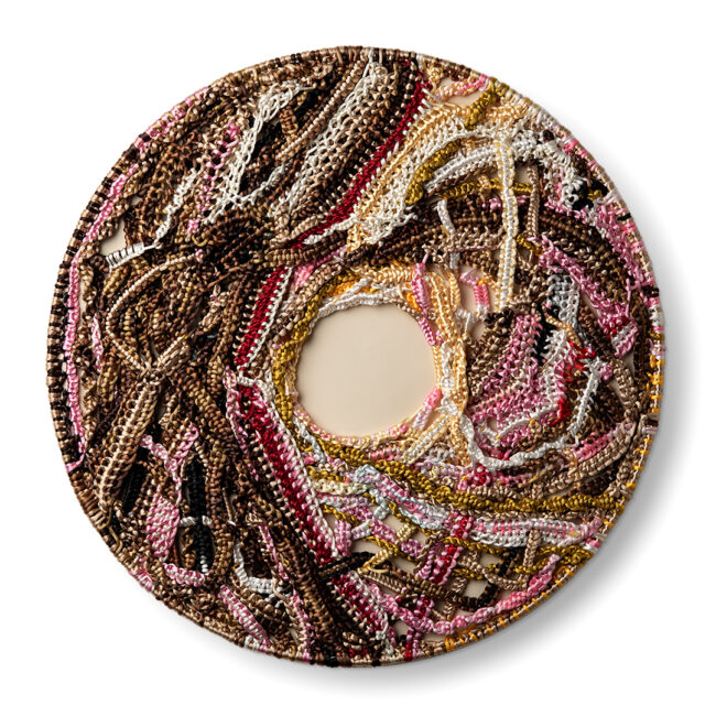Judy Phillips, Overcoming the Red Line, Cords on metal hoop, 24 inch diameter circle
