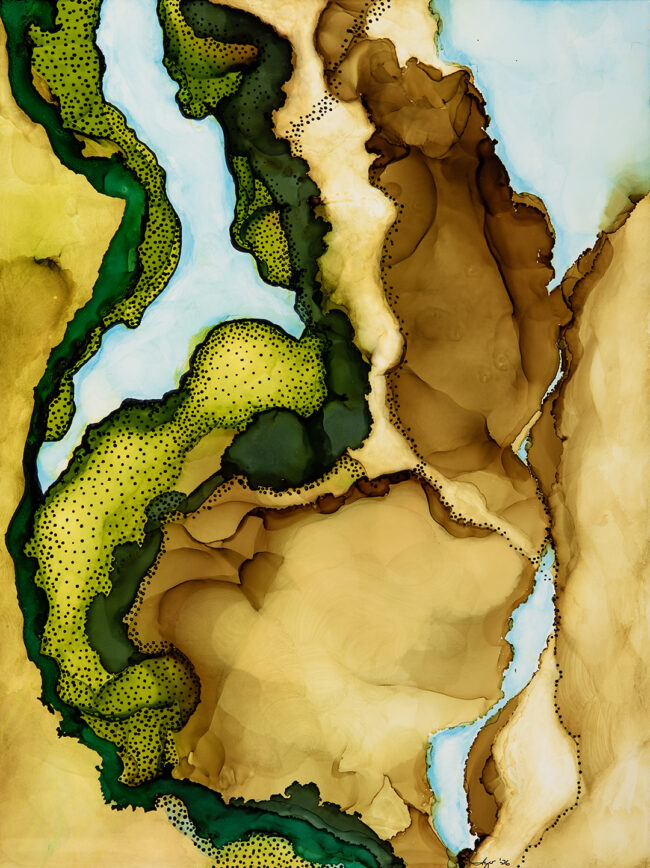 Inger Gregory, Imagining the “Silk Road” Journey, Alcohol ink on clayboard, 16 x 20 inches