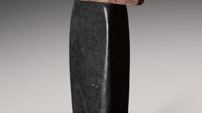 Antoinette Schultze, Ode To A Friend, Black granite, spruce ,glass, wax, 31 x 13 x 8 inches