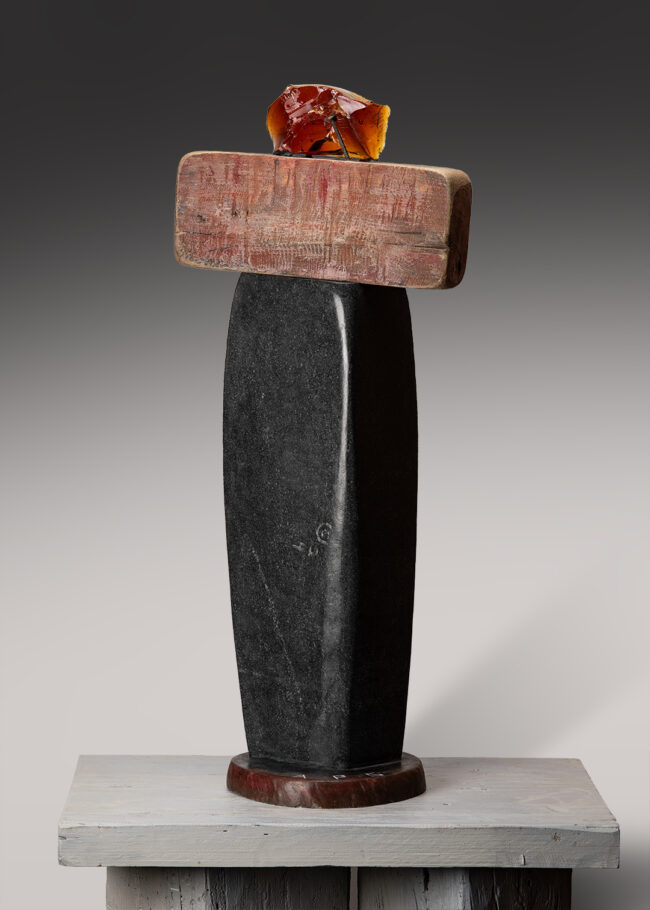 Antoinette Schultze, Ode To A Friend, Black granite, spruce ,glass, wax, 31 x 13 x 8 inches