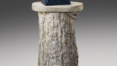 Antoinette Schultze, Time Marker, Black granite, bronze, glass, cherrywood base with white paint, 55 x 19 x 13 inches