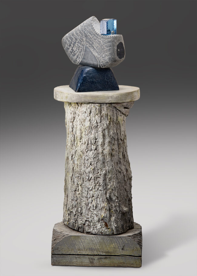Antoinette Schultze, Time Marker, Black granite, bronze, glass, cherrywood base with white paint, 55 x 19 x 13 inches