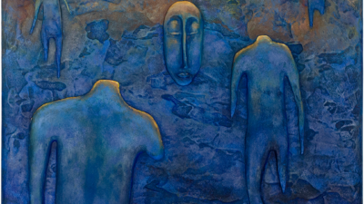 Cole Vaccaro, The Water Kept Warm, Acrylic, pumice stone, clay on wood board, 8&frac34; x 8&frac78; inches