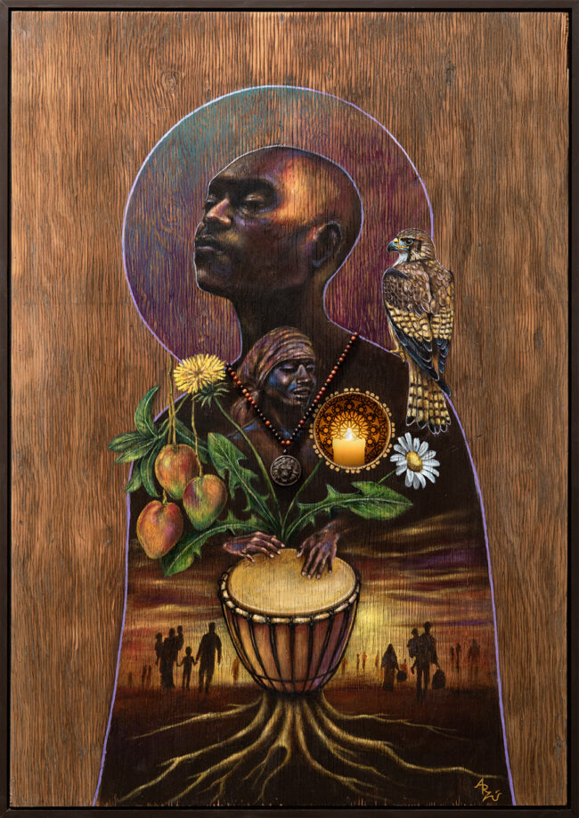 Gordon Arzu, Traveler 1 (Eternal Good bye), Acrylics on plywood, 51 × 35&frac34; inches